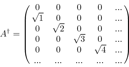\begin{displaymath}\bgroup\color{black}A^\dag =\left(\matrix{
0&0&0&0&...\cr
...
...r
0&0&0&\sqrt{4}&...\cr
...&...&...&...&... }\right)\egroup\end{displaymath}