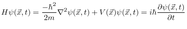 \bgroup\color{black}$\displaystyle H\psi(\vec{x},t)={-\hbar^2 \over 2m}\nabla^2\...
...(\vec{x})\psi(\vec{x},t)
=i\hbar{\partial\psi(\vec{x},t)\over\partial t}$\egroup