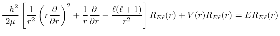 \bgroup\color{black}$\displaystyle {-\hbar^2\over 2\mu}\left[{1\over r^2}\left(r...
...ell(\ell+1)\over r^2}\right]R_{E\ell}(r)+V(r)R_{E\ell}(r)=ER_{E\ell}(r) $\egroup