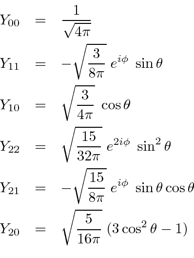 \begin{eqnarray*}
Y_{00} &=& {1\over \sqrt{4\pi}}\\
Y_{11} &=& -\sqrt{3\over ...
...heta\\
Y_{20} &=& \sqrt{5\over 16\pi}\; (3 \cos^2\theta-1)\\
\end{eqnarray*}