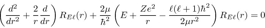 \begin{displaymath}\bgroup\color{black}\left({d^2\over dr^2}+{2\over r}{d\over d...
...\ell(\ell+1)\hbar^2\over 2\mu r^2}\right)R_{E\ell}(r)=0 \egroup\end{displaymath}
