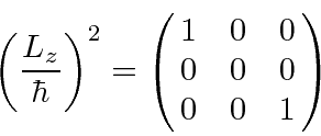 \begin{displaymath}\bgroup\color{black}\left({L_z\over\hbar}\right)^2=\left(\matrix{1&0&0\cr 0&0&0\cr 0&0&1}\right)\egroup\end{displaymath}