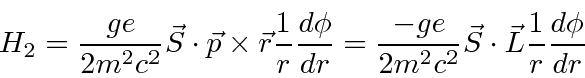 \begin{displaymath}\bgroup\color{black} H_2 = {ge\over {2m^2c^2}}\vec S \cdot\ve...
...{2m^2c^2}}\vec S \cdot\vec L {1\over r}{d\phi\over{dr}} \egroup\end{displaymath}