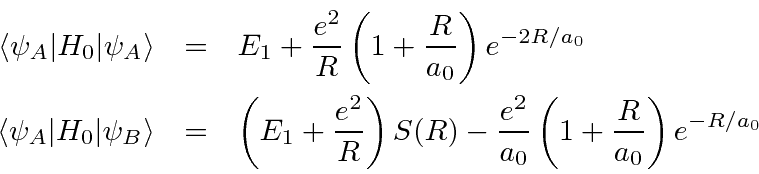 \begin{eqnarray*}
\left<\psi_A\vert H_0\vert\psi_A\right> &=& E_1 + {e^2\over R}...
...ght)S(R)
-{e^2\over{a_0}}\left(1+{R\over{a_0}}\right)e^{-R/a_0}
\end{eqnarray*}