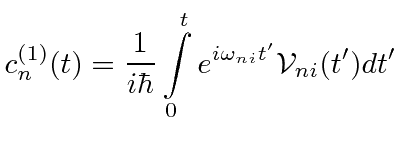 \bgroup\color{black}$\displaystyle c_n^{(1)}(t)={1\over i\hbar}\int\limits_0^te^{i\omega_{ni}t'}{\cal V}_{ni}(t')dt'$\egroup
