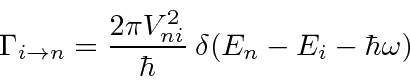 \begin{displaymath}\bgroup\color{black} \Gamma_{i\rightarrow n} = {2\pi V_{ni}^2\over \hbar}\:\delta(E_n-E_i-\hbar\omega) \egroup\end{displaymath}