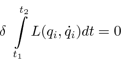 \begin{displaymath}\bgroup\color{black} \delta \int\limits_{t_1}^{t_2}L(q_i,\dot{q}_i)dt=0 \egroup\end{displaymath}