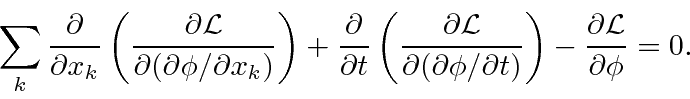 \begin{displaymath}\bgroup\color{black} \sum\limits_k{\partial\over\partial x_k}...
...tial t)}\right)
-{\partial{\cal L}\over\partial\phi}=0. \egroup\end{displaymath}