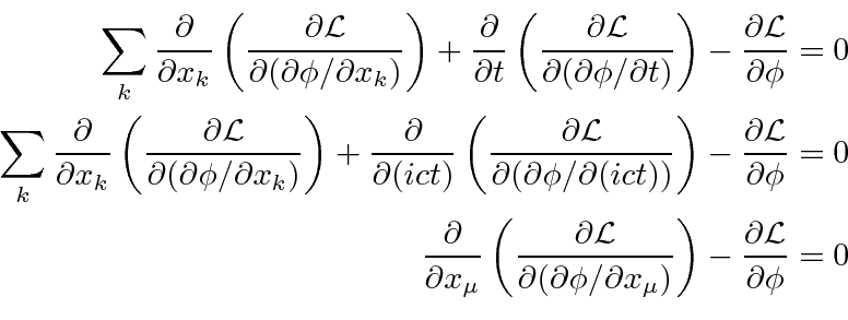 \begin{eqnarray*}
\sum\limits_k{\partial\over\partial x_k}\left({\partial{\cal L...
...artial x_\mu)}\right)
-{\partial{\cal L}\over\partial\phi}=0 \\
\end{eqnarray*}