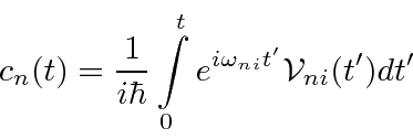 \begin{displaymath}\bgroup\color{black} c_n(t)={1\over i\hbar}\int\limits_0^te^{i\omega_{ni}t'}{\cal V}_{ni}(t')dt' \egroup\end{displaymath}