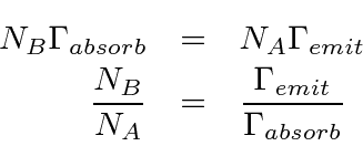 \begin{eqnarray*}
N_B\Gamma_{absorb}&=&N_A\Gamma_{emit} \\
{N_B\over N_A}&=&{\Gamma_{emit}\over\Gamma_{absorb}} \\
\end{eqnarray*}