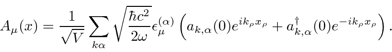 \begin{displaymath}\bgroup\color{black} A_\mu(x)={1\over\sqrt{V}}\sum\limits_{k\...
...rho}+a_{k,\alpha}^\dagger(0)e^{-ik_\rho x_\rho}\right). \egroup\end{displaymath}