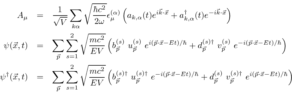 \begin{eqnarray*}
A_\mu &=&{1\over\sqrt{V}}\sum\limits_{k\alpha}\sqrt{\hbar c^2\...
...agger}_{\vec{p}} e^{i(\vec{p}\cdot\vec{x}-Et)/\hbar}\right) \\
\end{eqnarray*}