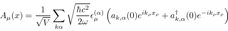 \begin{displaymath}\bgroup\color{black} A_\mu(x)={1\over\sqrt{V}}\sum\limits_{k\...
...\rho}+a_{k,\alpha}^\dagger(0)e^{-ik_\rho x_\rho}\right) \egroup\end{displaymath}