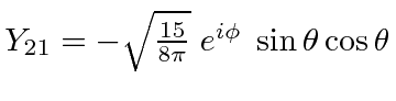 \bgroup\color{black}$Y_{21} = -\sqrt{15\over 8\pi}\; e^{i\phi}\; \sin\theta \cos\theta$\egroup