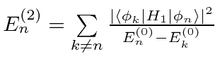 \bgroup\color{black}$E_n^{(2)}=\sum\limits_{k\neq n}{\vert\langle \phi_k\vert H_1\vert\phi_n\rangle \vert^2\over
E_n^{(0)}-E_k^{(0)}}$\egroup