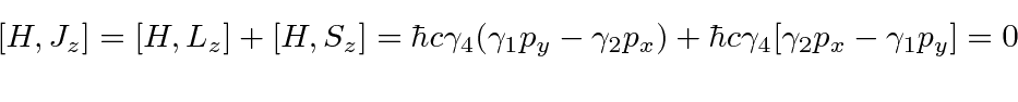 \begin{eqnarray*}[H,J_z]=[H,L_z]+[H,S_z]=\hbar c\gamma_4(\gamma_1p_y-\gamma_2 p_x)+\hbar c\gamma_4[\gamma_2p_x-\gamma_1p_y]=0 \\
\end{eqnarray*}