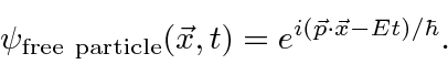 \begin{displaymath}\bgroup\color{black}\psi_{\mathrm{free particle}}(\vec{x},t)=e^{i(\vec{p}\cdot\vec{x}-Et)/\hbar}.\egroup\end{displaymath}
