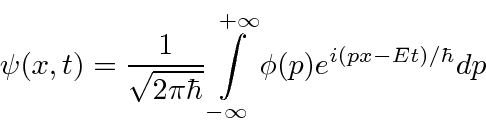 \begin{displaymath}\bgroup\color{black}\psi (x,t)={1\over \sqrt{2\pi\hbar}}\int\limits_{-\infty}^{+\infty}\phi(p)e^{i(px-Et)/\hbar}dp\egroup\end{displaymath}