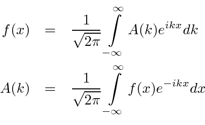 \begin{eqnarray*}
f(x)&=&{1\over \sqrt{2\pi}}\int\limits_{-\infty}^\infty A(k) e...
...ver \sqrt{2\pi}}\int\limits_{-\infty}^\infty f(x) e^{-ikx} dx\\
\end{eqnarray*}