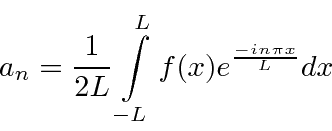 \begin{displaymath}\bgroup\color{black}a_n={1\over 2L} \int\limits_{-L}^L f(x)e^{-in\pi x\over L}dx \egroup\end{displaymath}