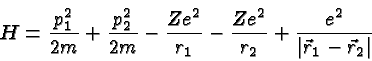 \begin{displaymath}\bgroup\color{black} H = {p^2_1\over{2m}} + {p^2_2\over{2m}} ...
...{r_2}}
+ {e^2\over{ \vert\vec{r}_1 - \vec{r}_2\vert }} \egroup\end{displaymath}