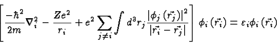 \begin{displaymath}\bgroup\color{black} \left[
{-\hbar^2\over{2m}} \nabla^2_i -...
...r_i}\right)=\varepsilon_i \phi_i \left(\vec{r_i}\right) \egroup\end{displaymath}