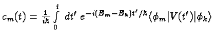 \bgroup\color{black}$c_m(t) = {1\over i\hbar} \int\limits_{0}^{t}\; dt'\;
e^{-i(E_m-E_k)t'/\hbar}\langle \phi_m\vert V(t')\vert\phi_k\rangle $\egroup