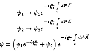 \begin{eqnarray*}
& \psi_1\rightarrow\psi_1 e^{-i{e\over\hbar c}\int\limits_{1}...
...2\right)e^{-i{e\over\hbar c}\int\limits_{2}d\vec{r}\cdot\vec{A}}
\end{eqnarray*}