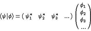 \begin{displaymath}\bgroup\color{black}\langle \psi\vert\phi\rangle=
\left(\matr...
...)\left(\matrix{\phi_1\cr
\phi_2\cr \phi_3\cr ...}\right)\egroup\end{displaymath}