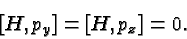 \begin{displaymath}\bgroup\color{black}\left[H,p_y\right]=\left[H,p_z\right]=0.\egroup\end{displaymath}