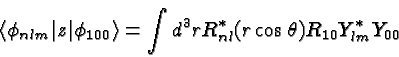 \begin{displaymath}\bgroup\color{black} \langle\phi_{nlm}\vert z\vert\phi_{100}\...
... \int{d^3rR^*_{nl}(r\cos\theta)R_{10} Y^*_{lm} Y_{00} } \egroup\end{displaymath}