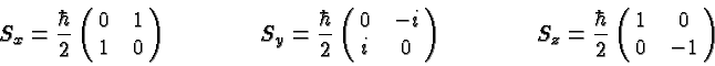 \begin{displaymath}\bgroup\color{black}S_x ={\hbar\over 2} \left(\matrix{0 &1\cr...
...z ={\hbar\over 2} \left(\matrix{1 &0\cr 0 &-1\cr}\right)\egroup\end{displaymath}