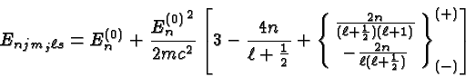 \begin{displaymath}\bgroup\color{black}E_{njm_j\ell s}=E^{(0)}_n + {{E^{(0)}_n}^...
...{\ell(\ell+{1\over 2})}} }
\right\}^{(+)}_{(-)}\right]\egroup\end{displaymath}