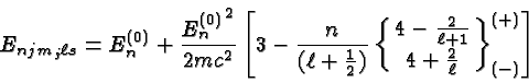 \begin{displaymath}\bgroup\color{black}E_{njm_j\ell s} =E^{(0)}_n + {{E^{(0)}_n}...
...ll+1}} \cr 4+{2\over\ell}}
\right\}^{(+)}_{(-)}\right]\egroup\end{displaymath}