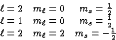 \begin{displaymath}\bgroup\color{black}\matrix{ \ell=2 & m_\ell=0 & m_s={1\over ...
...s={1\over 2} \cr
\ell=2 & m_\ell=2 & m_s=-{1\over 2} } \egroup\end{displaymath}